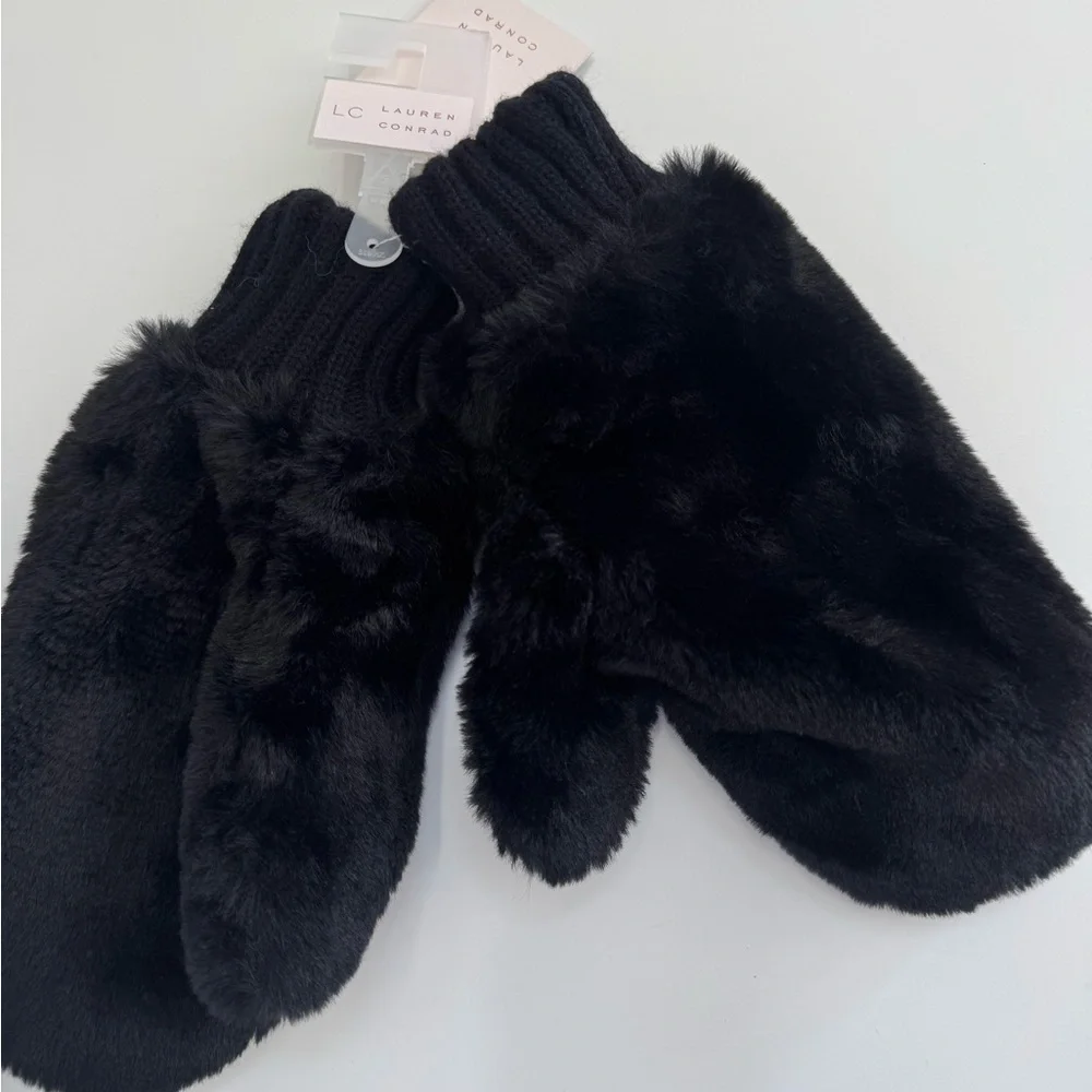 LC Lauren Conrad Faux Fur Black Mittens with Ribbed Cuffs